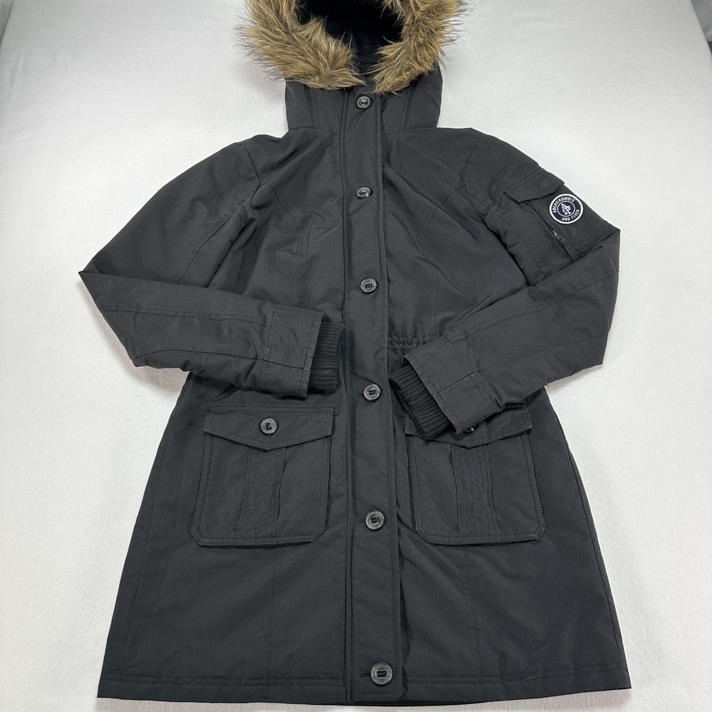 Abercrombie & Fitch Coat Womens Medium Black Faux Fur Hood Parka Quilted Warm